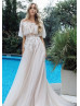 Off Shoulder Ivory Lace Champagne Tulle Wedding Dress